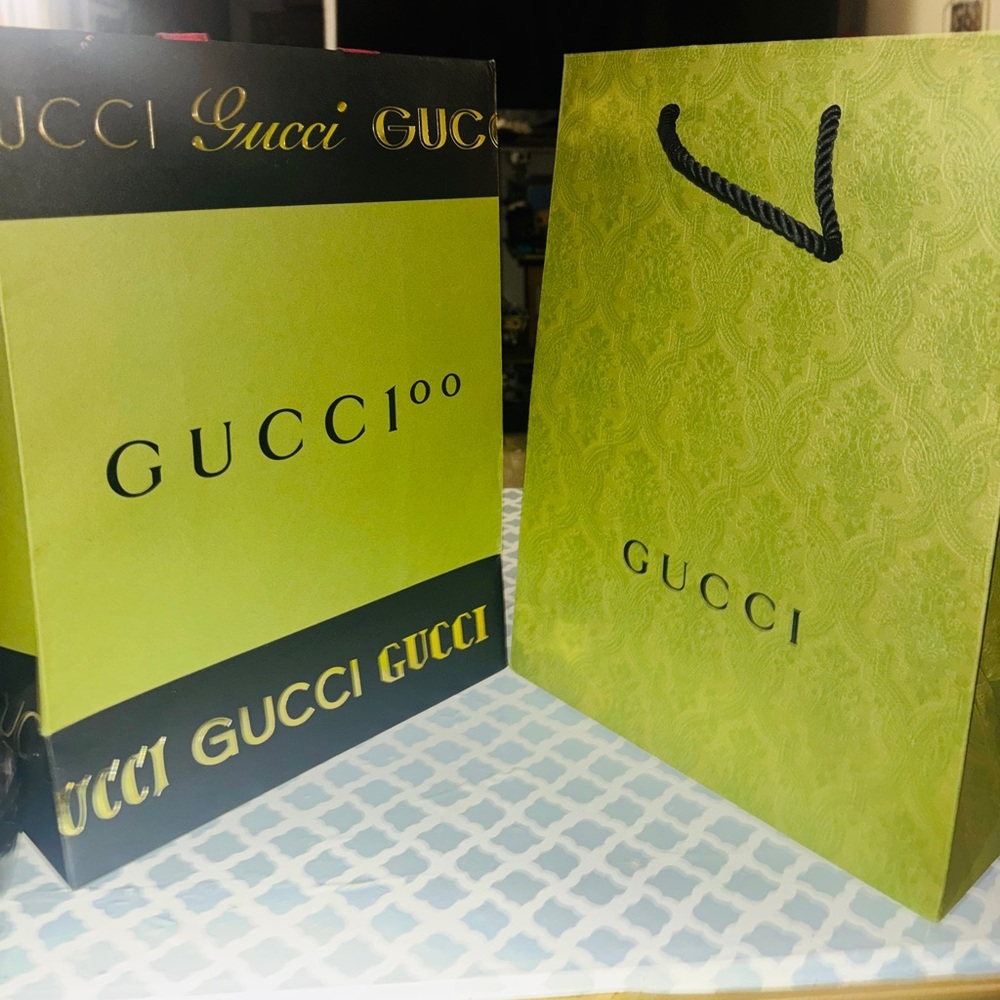Gucci 100th anniversary, shopping bag, and regular Gucci shopping bag